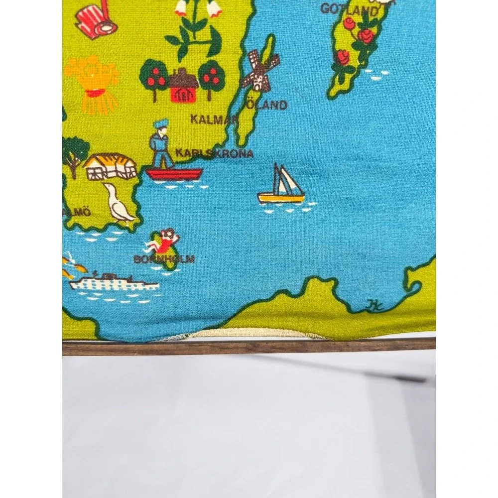 Ilustrated Fabric Scandinavia Map Wall Hanging VTG Tapestry MCM Decor